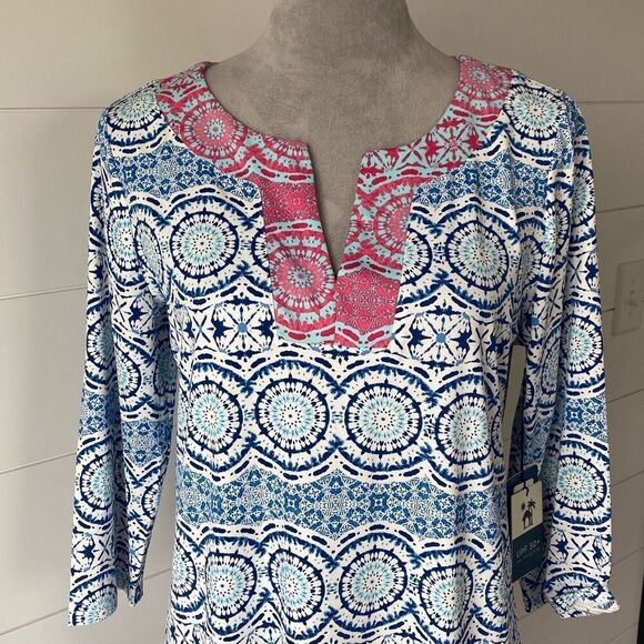 Caribbean Joe Womens UPF 50 Yoke Neck Dress Medallion Blue Sz Medium NWT… - Picture 2 of 10